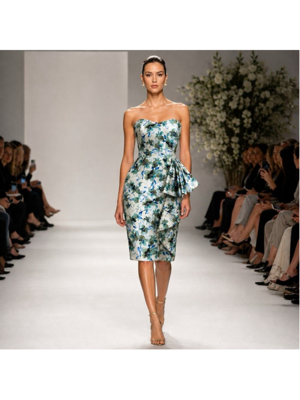Badgley Mischka Strapless Watercolor Floral Ruffle Romantic Cocktail Dress 2